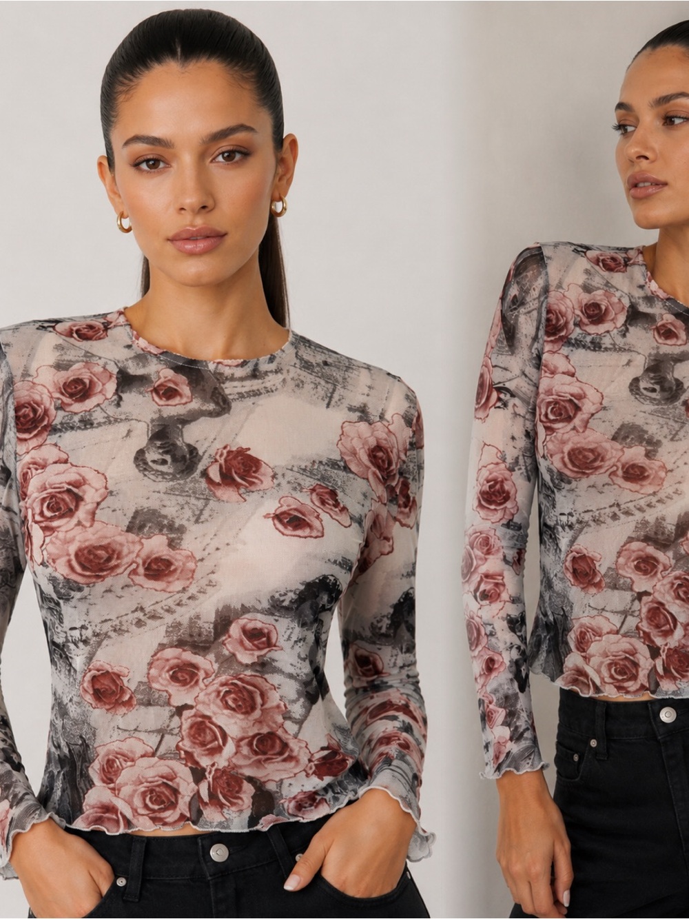 Long-Sleeve Rose Print Mesh Top - Pink